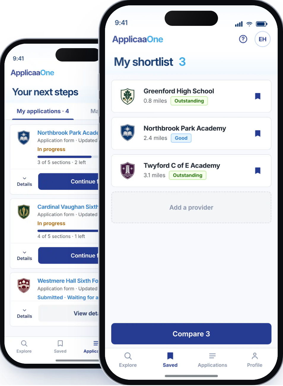 The ApplicaaOne app on two phones: a student's shortlist of three schools to compare, and their applications in progress